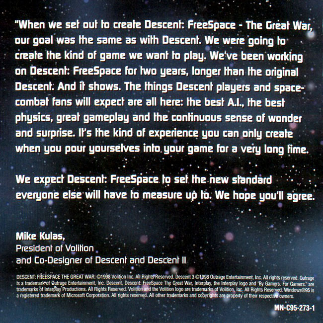 Descent: Freespace - The Great War - predn vntorn CD obal