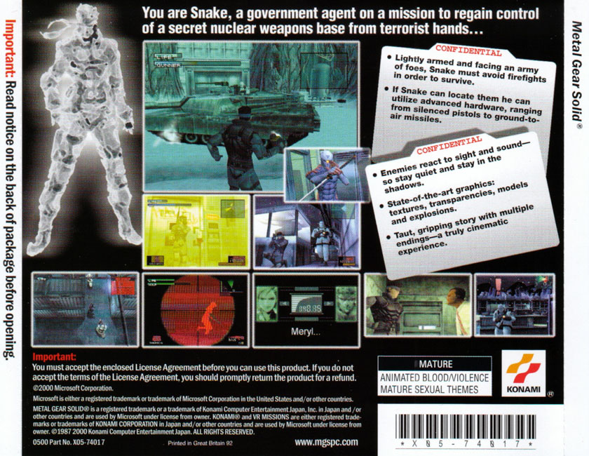 Metal Gear Solid - zadn CD obal