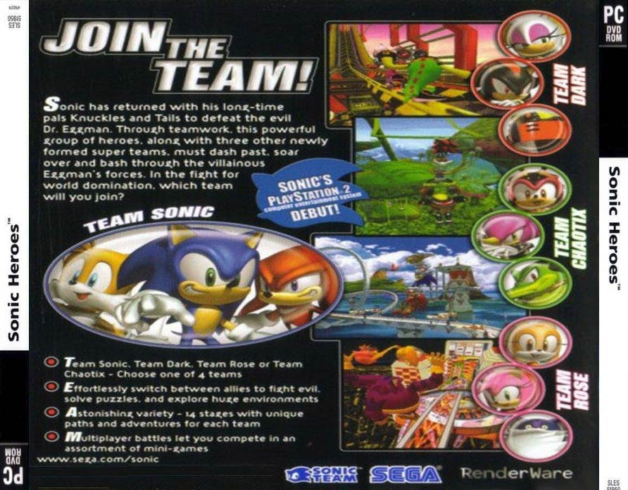 Sonic Heroes - zadn CD obal