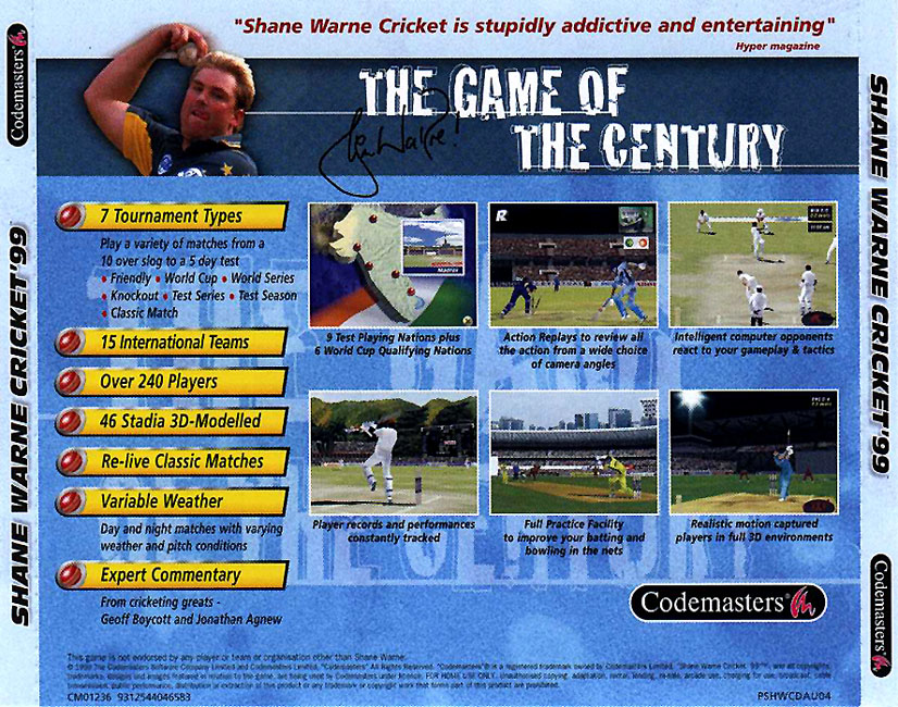 Shane Warne Cricket '99 - zadn CD obal