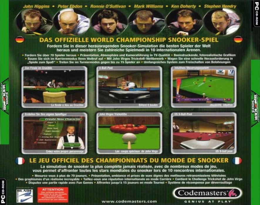 World Championship Snooker 2003 - zadn CD obal