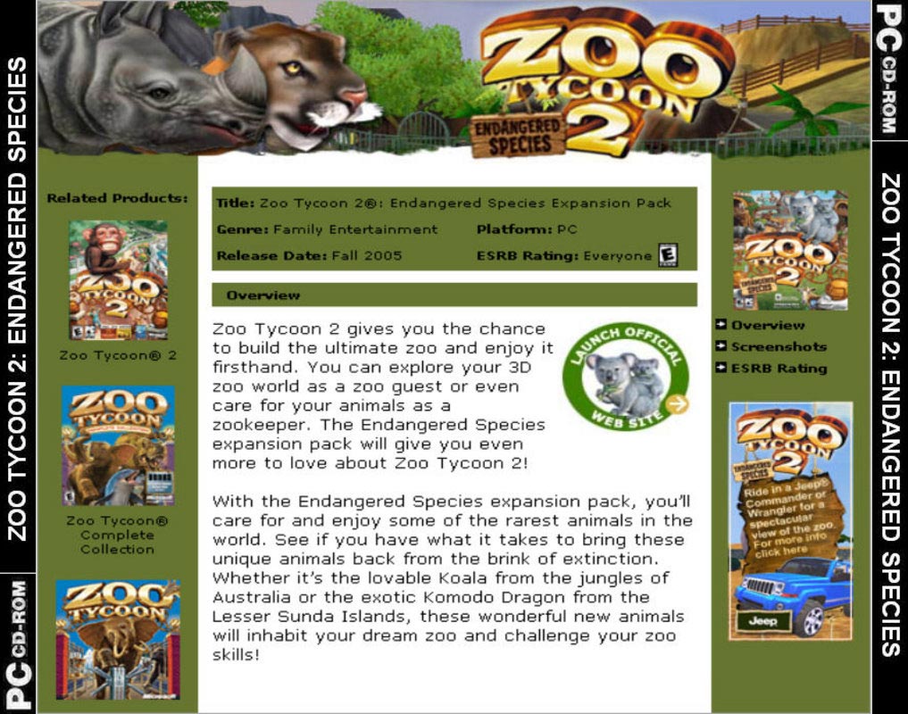 Zoo Tycoon 2: Endangered Species - zadn CD obal